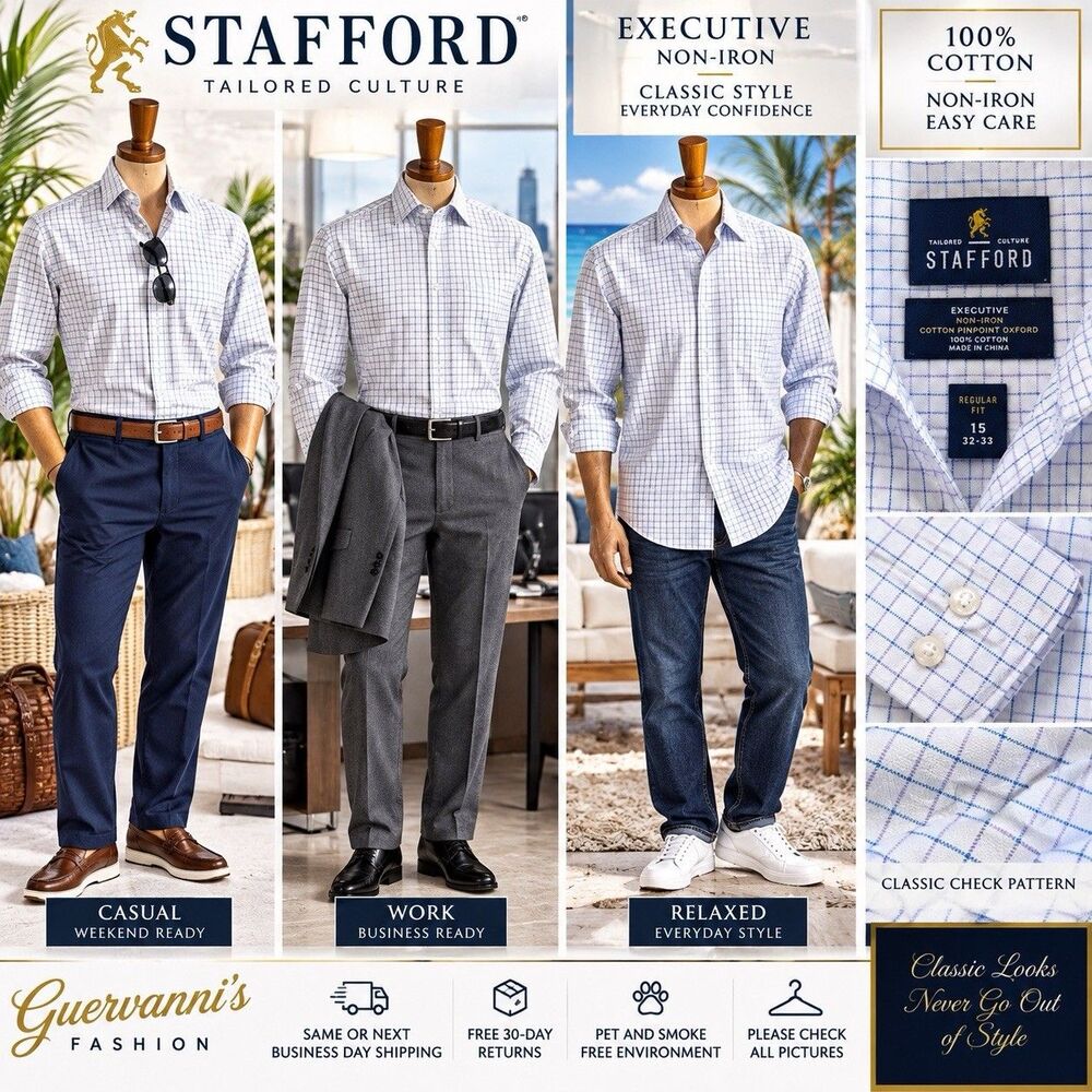 New Stafford Travel Performance Blue White Button Up Shirt Regular Fit 15 (32-33